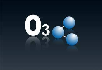 Blue ozone molecule against dark background, next to “O3” sign